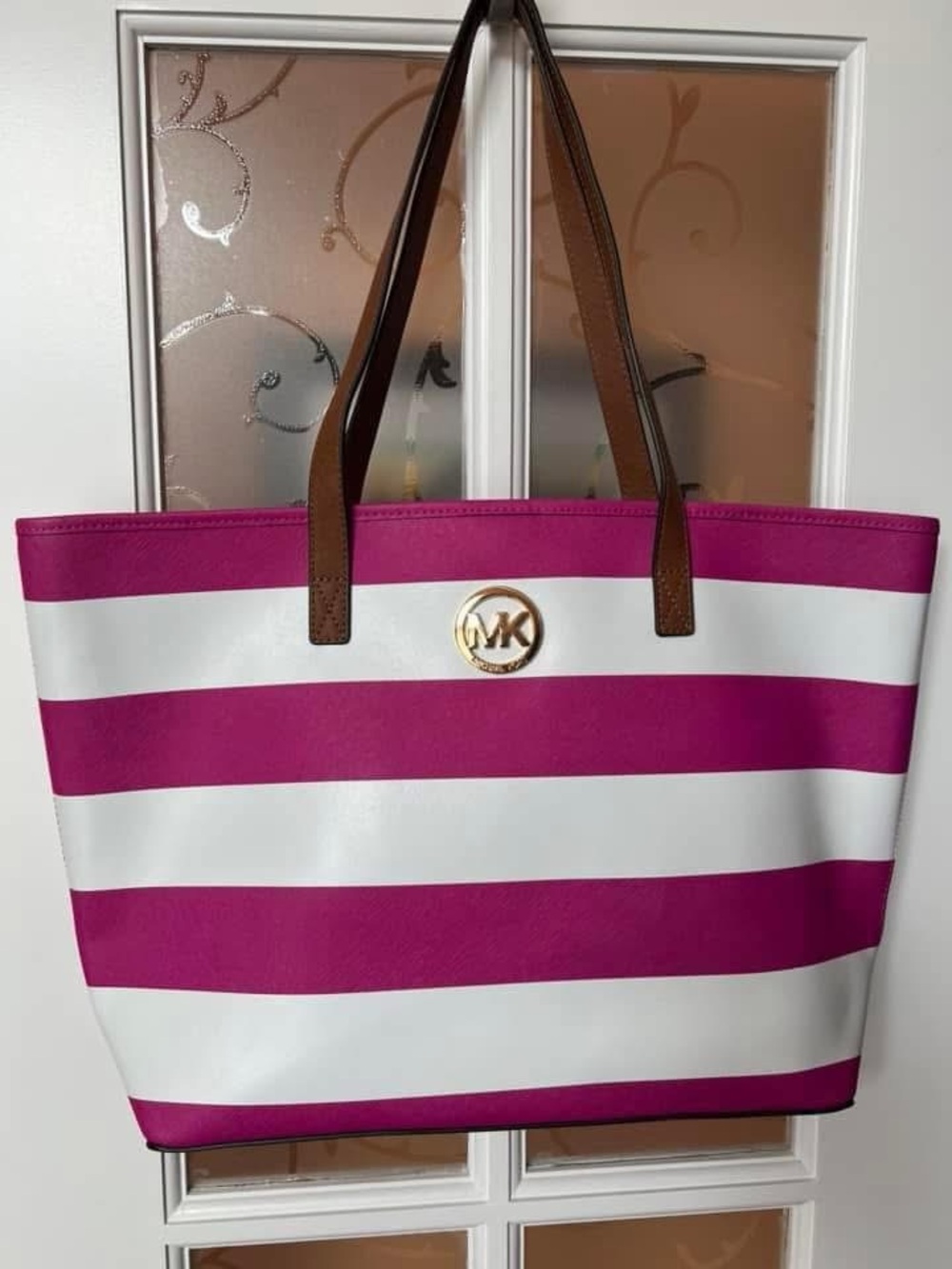 Michael Kors Fuchsia & White Striped Tote Bag